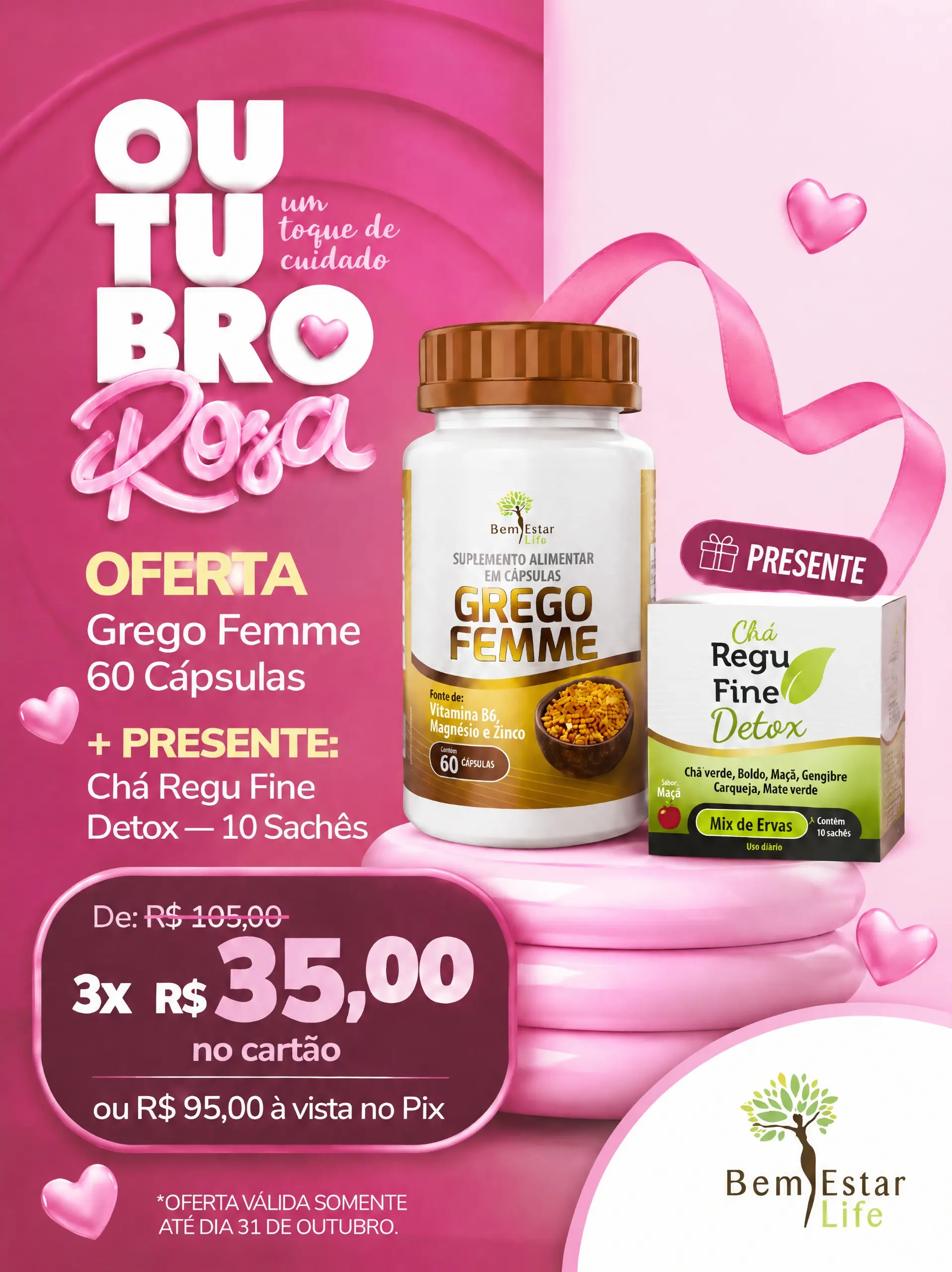 OFERTA GREGO FEMME 60 CAPS + BRINDE CHA REGU FINE DETOX 10 SACHES
