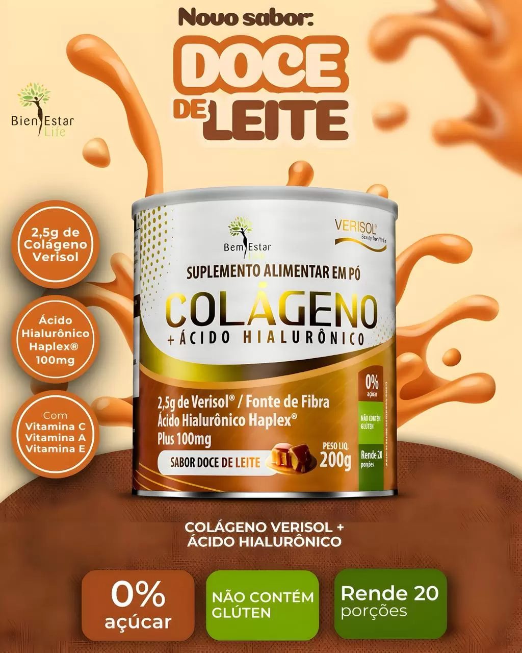 OFERTA - COLAGENO VERISOL EM PO COM ACIDO HIALURONICO, SABOR DOCE DE LEITE 